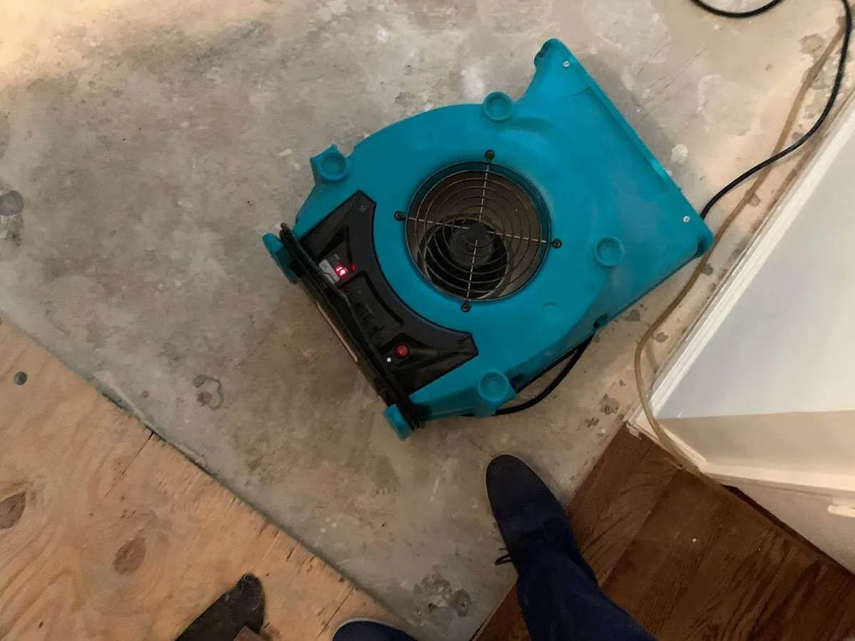 Air mover drying subfloor during Commercial Water Damage Restoration in Nyack